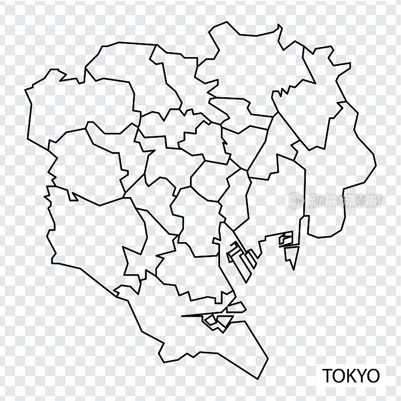 High Quality map of Tokyo is a city  of Japan, with borders of the regions. Map of Tokyo for your web site design, app, UI. EPS10.